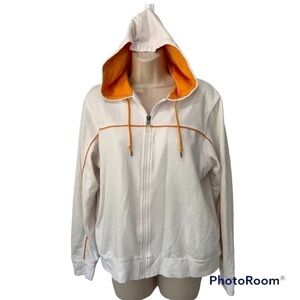 White and yellow Marsh Landing zip up hoodie, S, drawstring, yellow accents.